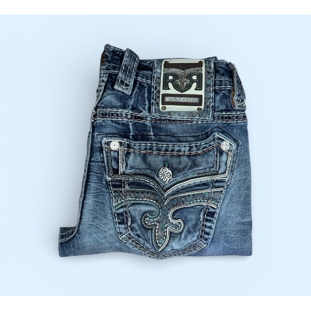 Rock Revival Jeans Elijah Slim Straight Blue Stretch Distressed Denim MENS 31